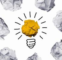 Good idea sign concept with paper light bulb isolated in white background. Crumpled paper ball with hand drawin photo