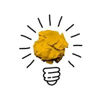 Good idea sign concept with paper light bulb isolated in white background. Crumpled paper ball with hand drawin photo