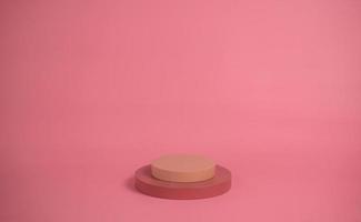 Empty podium for display cosmetic product. Platform arrangement in pink pastel color in trendy minimalist style. Composition of cylinders and cubes layout for feminine background photo