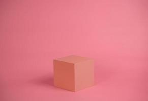 Empty podium for display cosmetic product. Platform arrangement in pink pastel color in trendy minimalist style. Composition of cylinders and cubes layout for feminine background photo