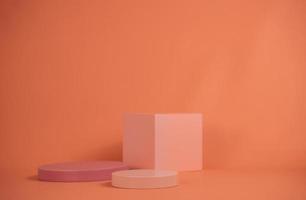 Empty podium for display cosmetic product. Platform arrangement in pink pastel color in trendy minimalist style. Composition of cylinders and cubes layout for feminine background photo