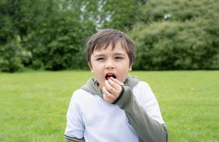 Portrait Happy young boy sitting on grass field eatting red cherry in the green park, Healthy Kid having picnic organic fruits in garden. Child relaxing outdoors in spring or Summer photo