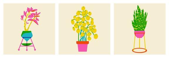 Plants in a pot. Flowers in trendy risograph print texture style. Set of hand drawn graphic succulents with leaves on the background. Vector illustration of palm leaf