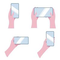 various hand holding mobile phone on vertical and horizontal vector