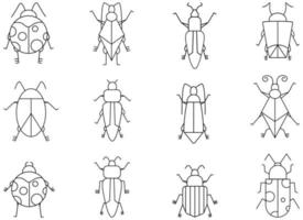 conjunto de ilustraciones vectoriales de insectos planos. conjunto de ilustración de errores de contorno negro. iconos vectoriales en blanco y negro de diferentes insectos vector