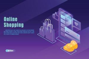 Isometric shopping online and payment online concepts. Internet payments, protection money transfer, online bank vector illustration