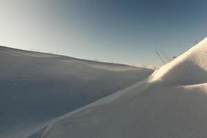 suelo cubierto y hierba con una gruesa capa de nieve después de un ciclón foto