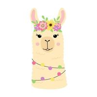 linda cabeza de llama. alpaca divertida con corona de flores. plantilla para diseño de vivero, afiche, papelería, tarjeta de cumpleaños, invitación, impresión de pantalones, ducha de bebé y decoración de fiesta vector
