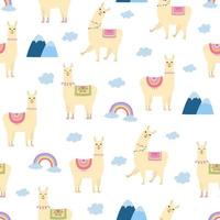 Cute llama seamless pattern. Cartoon alpaca, rainbow, clouds and mountains on white background. vector