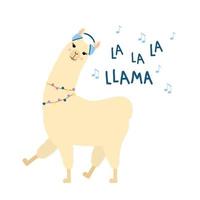 linda llama caminando. alpaca de dibujos animados con auriculares y notas musicales. plantilla para diseño de vivero, afiche, papelería, estampado de camisetas vector