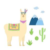 linda llama de pie. alpaca de dibujos animados, montañas y cactus. plantilla para diseño de guardería, afiche, papelería, estampado de camisetas vector