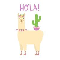 linda llama de pie con cactus. alpaca de dibujos animados con corona de flores y texto dibujado a mano hola.