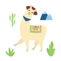 linda llama con sombrero caminando. caricatura de alpaca, montañas y cactus. plantilla para diseño de vivero, afiche, papelería, estampado de camisetas. vector