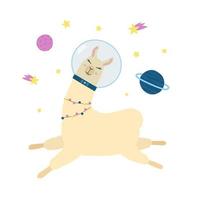 Cute llama in space. Cartoon alpaca in astronaut suit, stars and planets. vector