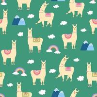 Cute llama seamless pattern. Cartoon alpaca, rainbow, clouds and mountains on green background. vector