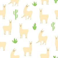 lindo patrón sin costuras de llama. alpaca de dibujos animados y cactus sobre fondo blanco. vector