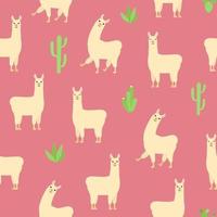 Cute llama seamless pattern. Cartoon alpaca and cactuses on pink background. vector