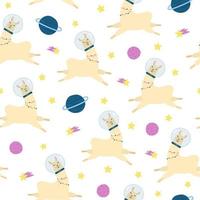 Cute llama in space seamless pattern. Cartoon alpaca in astronaut suit, stars and planets on white background. vector