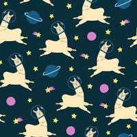 Cute llama in space seamless pattern. Cartoon alpaca in astronaut suit, stars and planets on dark blue background. vector