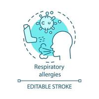 Respiratory allergies concept icon. Airborne allergic diseases idea thin line illustration. Asthma inhaler, coughing person, bacteria. Vector isolated outline drawing. Editable stroke