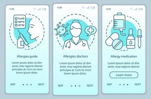 Allergy medical help onboarding mobile app page screen vector template. Allergies guide, doctors, medication. Walkthrough website steps with illustrations. UX, UI, GUI smartphone interface concept