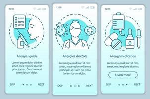 ayuda médica para alergias incorporación de plantilla de vector de pantalla de página de aplicación móvil. guía de alergias, médicos, medicación. paso a paso del sitio web con ilustraciones. ux, ui, concepto de interfaz de teléfono inteligente gui