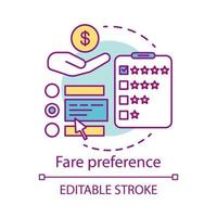 Fare preference concept icon. Transportation costs idea thin line illustration. Travel expenses. Services, airline classes price. Airplane amenities. Vector isolated outline drawing. Editable stroke