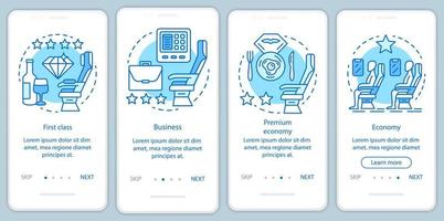 pantalla de la página de la aplicación móvil de incorporación de asientos de clase de viaje de avión turquesa con conceptos lineales. Instrucciones gráficas de los pasos del tutorial de clase económica. ux, ui, plantilla vectorial gui con ilustraciones vector