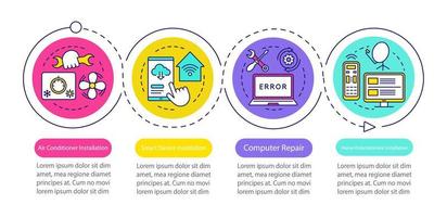 servicios domésticos para dispositivos electrónicos plantilla infográfica vectorial. visualización de datos, cuatro pasos y opción. elemento de diseño de presentación de negocios. gráfico de línea de tiempo del proceso. diseño de flujo de trabajo, iconos lineales vector