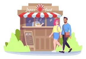 Man and woman near japan food park cafe flat vector illustration. Couple of people, kiosk, vendor, menu. Street food festival isolated cartoon characters on white background