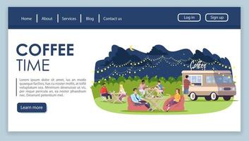 Coffee time landing page vector template. Street food truck website interface idea with flat illustrations. City fest homepage layout. People resting in park cafe web banner, webpage cartoon concept