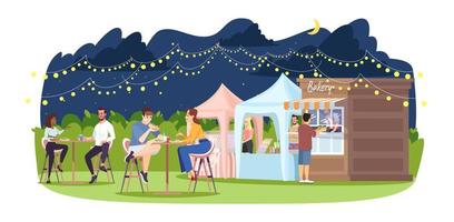 Night market flat vector illustration. Food court at summer outdoor city fest. Town holiday. Park cafe, trade tents, people at tables isolated cartoon characters on white background