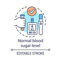 icono de concepto de nivel de azúcar en sangre normal. ilustración de línea delgada de idea de estilo de vida saludable. tratamiento médico de la diabetes. glucómetro y pluma de insulina vector dibujo de contorno aislado. trazo editable