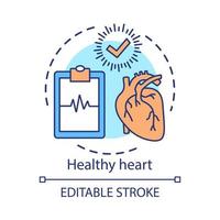 corazón sano, icono del concepto de salud. ilustración de línea delgada de idea de tratamiento médico. diagnóstico de enfermedades. portapapeles con cardiograma y dibujo de contorno aislado del vector de marca de verificación. trazo editable