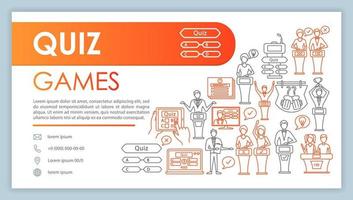 Quiz games web banner, business card vector template. Question contest contact page with phone, email linear icons. Entertainment presentation, web page idea. TV show corporate print design layout