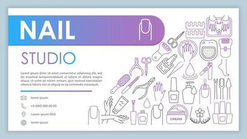 Nail studio web banner, business card vector template. Manicure salon contact page with phone, email linear icons. Presentation, web page idea. Female beauty parlor corporate print design layout