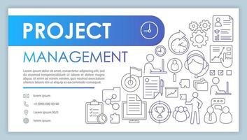 Project management web banner, business card vector template. Company contact page with phone, email linear icons. Workflow optimization presentation, web page idea. Corporate print design layout