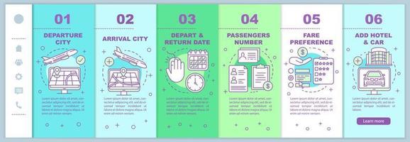 planificación de viajes incorporando plantilla vectorial de páginas web móviles. llegada Salida. idea de interfaz de sitio web de teléfono inteligente sensible con ilustraciones lineales. pantallas de pasos del tutorial de la página web. concepto de color vector