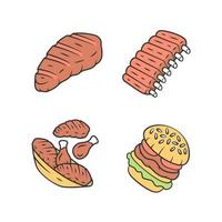 Meat dishes color icons set. Steak, beef ribs, chicken legs, burger. Fast food. Butcher shop product. Restaurant, grill bar, steakhouse menu. Isolated vector illustrations