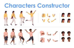 Dark skin male, female front view animated flat vector characters design set. Character animation creation cartoon pack. Man, woman constructor with various face emotion, body poses, hand gestures kit