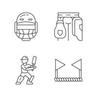 Cricket championship linear icons set. Sport tournament. Helmet, thigh guard, batsman, boundary. Bat and ball game. Thin line contour symbols. Isolated vector outline illustrations. Editable stroke