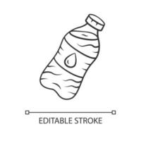 Mineral water linear icon. Clean potable drinking water. Plastic bottle with label. Non-alcoholic drink. Thin line illustration. Contour symbol. Vector isolated outline drawing. Editable stroke