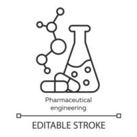 Pharmaceutical engineering linear icon. Chemical engineering. Flask, molecule, capsules. Pharmacology. Thin line illustration. Contour symbol. Vector isolated outline drawing. Editable stroke