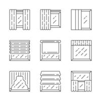 Window shutters linear icons set. oller, roman shades, panel, swags, valance. Motorized jalousie. Home interior shop. Thin line contour symbols. Isolated vector outline illustrations. Editable stroke