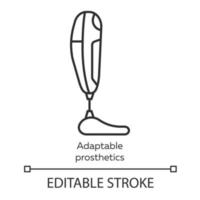 Adaptable prosthetics linear icon. Missing body part replacing. Artificial limb. Bionic foot. Bioengineering. Thin line illustration. Contour symbol. Vector isolated outline drawing. Editable stroke