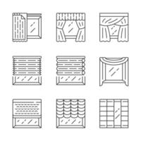 Jalousie and curtains linear icons set. Cellular shades, window treatment set, liner. Home, office interior decor. Thin line contour symbols. Isolated vector outline illustrations. Editable stroke