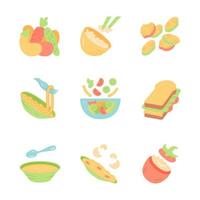 Conjunto de iconos de color de sombra larga de diseño plano de platos de menú de restaurante. ensaladas, sopa, platos principales. arroz, verduras a la plancha, tortilla, pasta, bocadillo. comida nutritiva. Ilustraciones de silueta vector