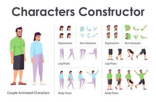 Man, woman couple front view animated flat vector characters design set. Students constructor with various face emotion, body poses, hand gestures, legs kit