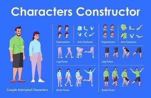 Smiling couple front view animated flat vector characters design set. Man, woman constructor with various face emotion, body poses, hand gestures, legs kit