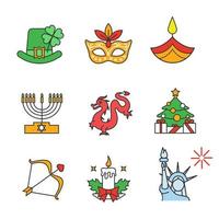 Holidays color icons set. St. Patrick's Day, Mardi Gras, Diwali, Hanukkah, Chinese New Year, Valentine's Day, July 4th, Christmas. Isolated vector illustrations